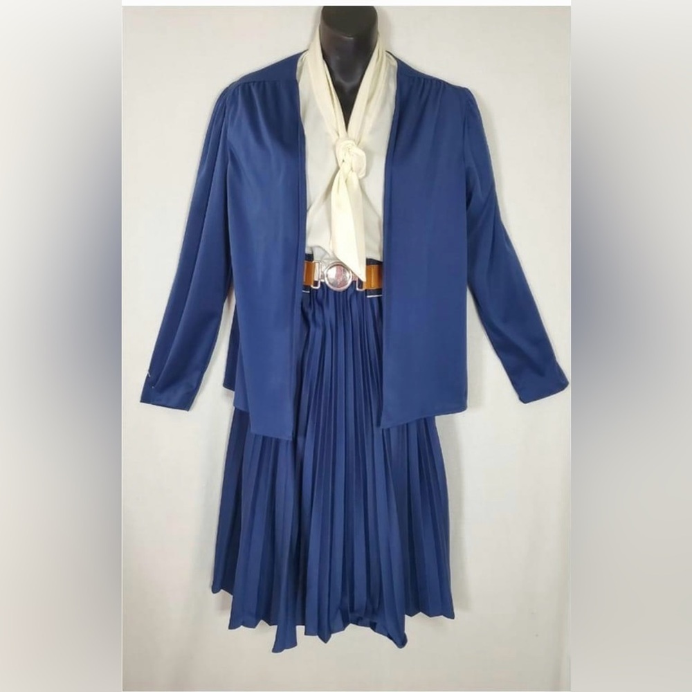 True Vintage 1970s Navy Dress + Blazer Set – Size 12 (Belt Not Included)